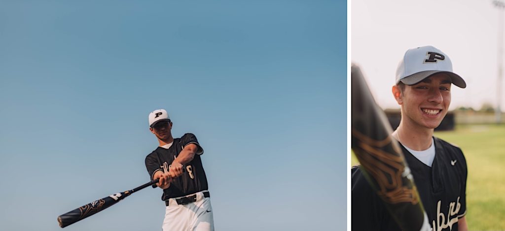 Senior shows off baseball uniform and bat for sports themed session